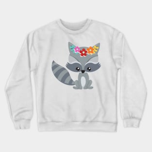 Spring Animals, Cute Raccoon, Colorful Flowers Crewneck Sweatshirt